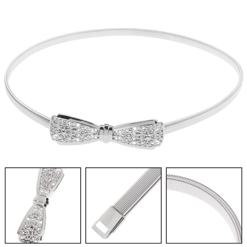 Cinturilla ultrafina con lazo para mujer, decoración de diamantes de imitación, hebilla delgada de Metal tallado, cinturón elástico, dorado y plateado