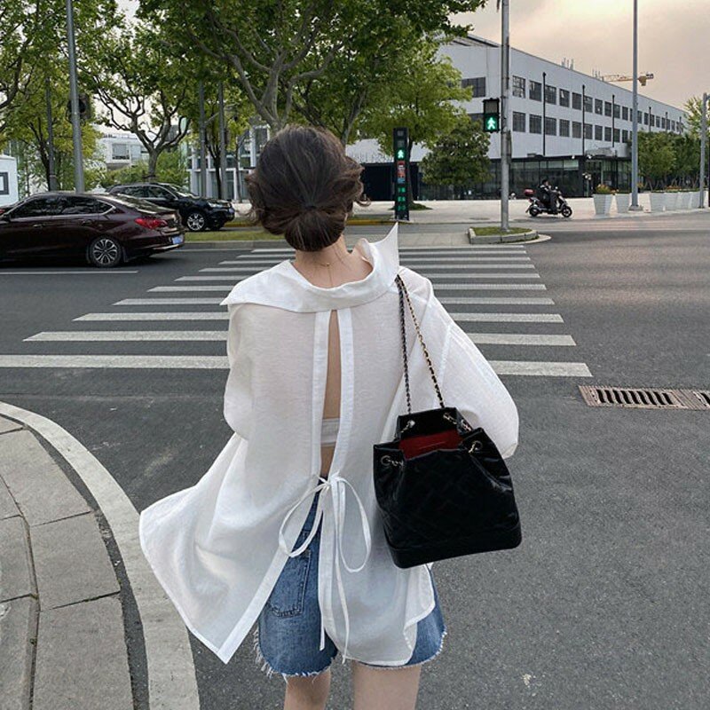 Women White Loose Long Sleeve Sunscreen Blouses and Tops Shirt Back Split Strap Design Lapel Collar