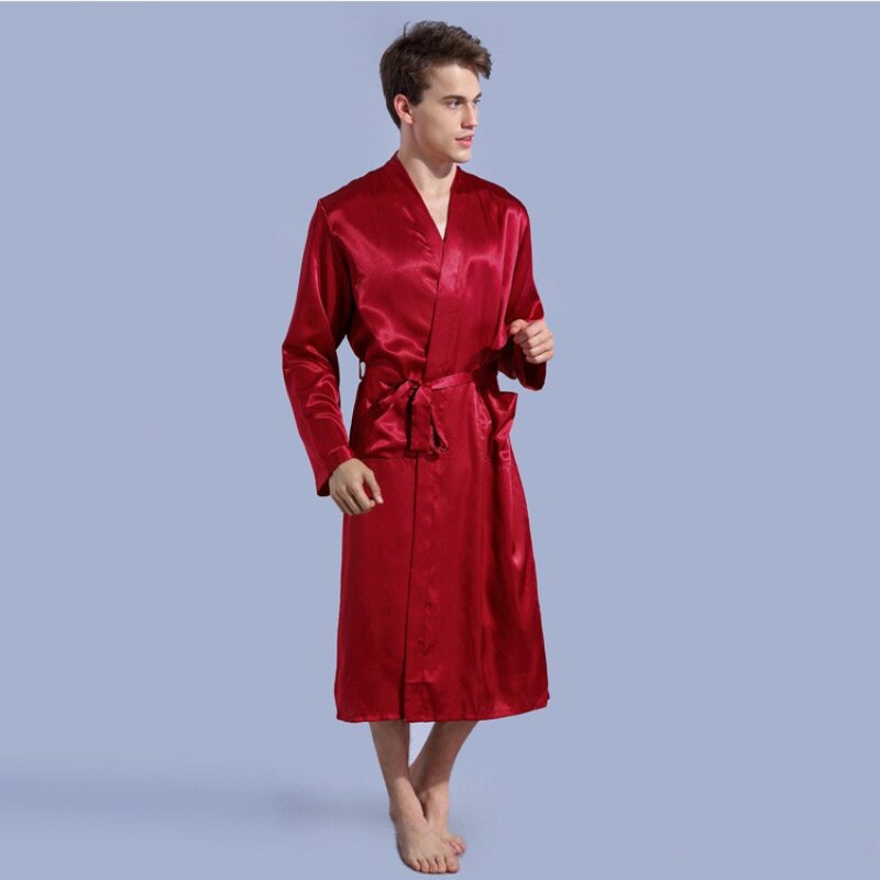 Abito da uomo in raso con scollo a V Kimono accappatoio lungo pigiama camicia da notte indumenti da notte abito natalizio per la festa di nozze T40