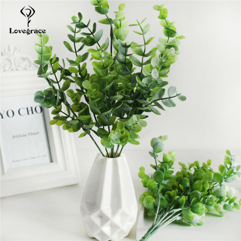 Plante artificielle d'eucalyptus en plastique, fausses feuilles, arbre vert 7 fourchettes/branche pour mariage, arrangement floral DIY, Faux feuillage