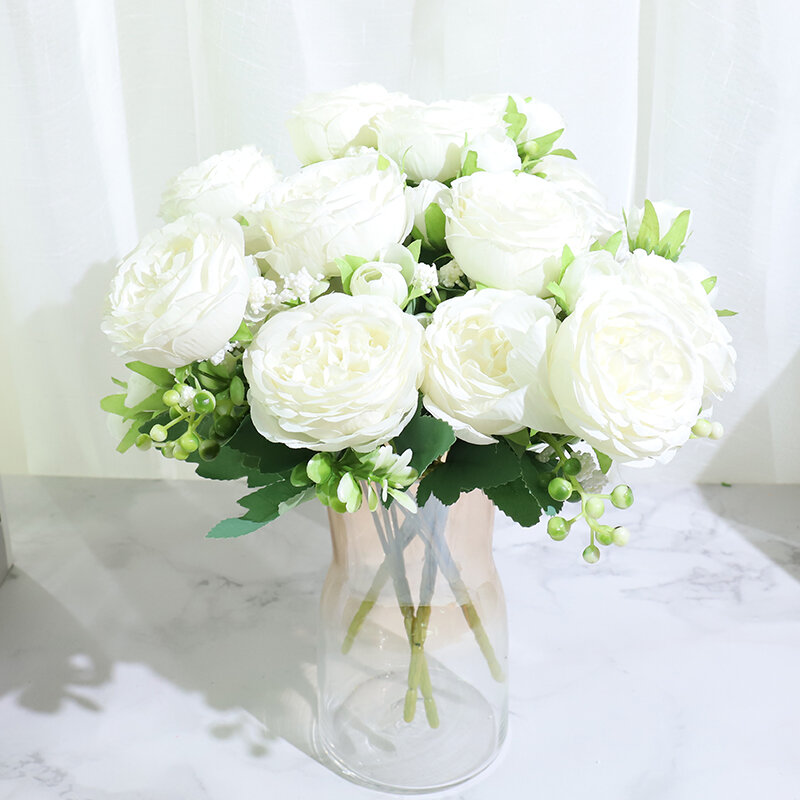 아름다운 장미 모란 인조 실크 꽃, 작은 흰색 꽃다발, 홈 파티 겨울 웨딩 장식, 가짜 꽃, 베스트셀러
