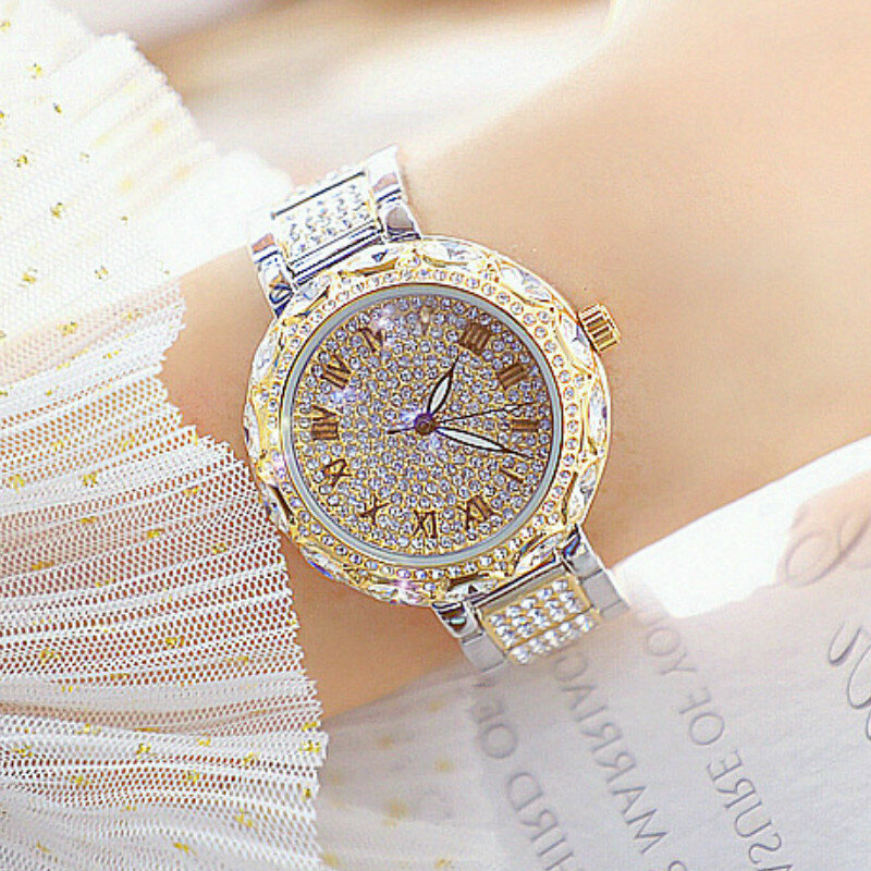 Relógio feminino ouro marca luxo quartzo diamantes mostrador grande relógio de pulso aço inoxidável
