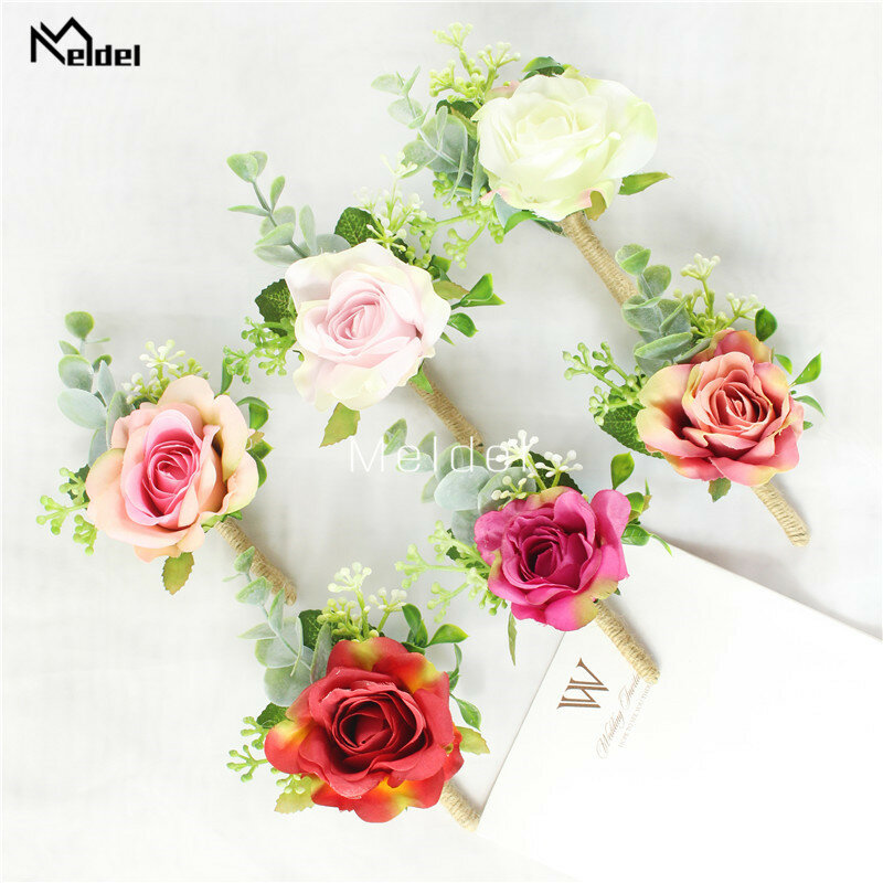 Meldel Wrist Corsage Flower Wedding Boutonniere Girl Bracelet Men Brooch Pins Artificial Flower Red Silk Rose Groom Boutonniere