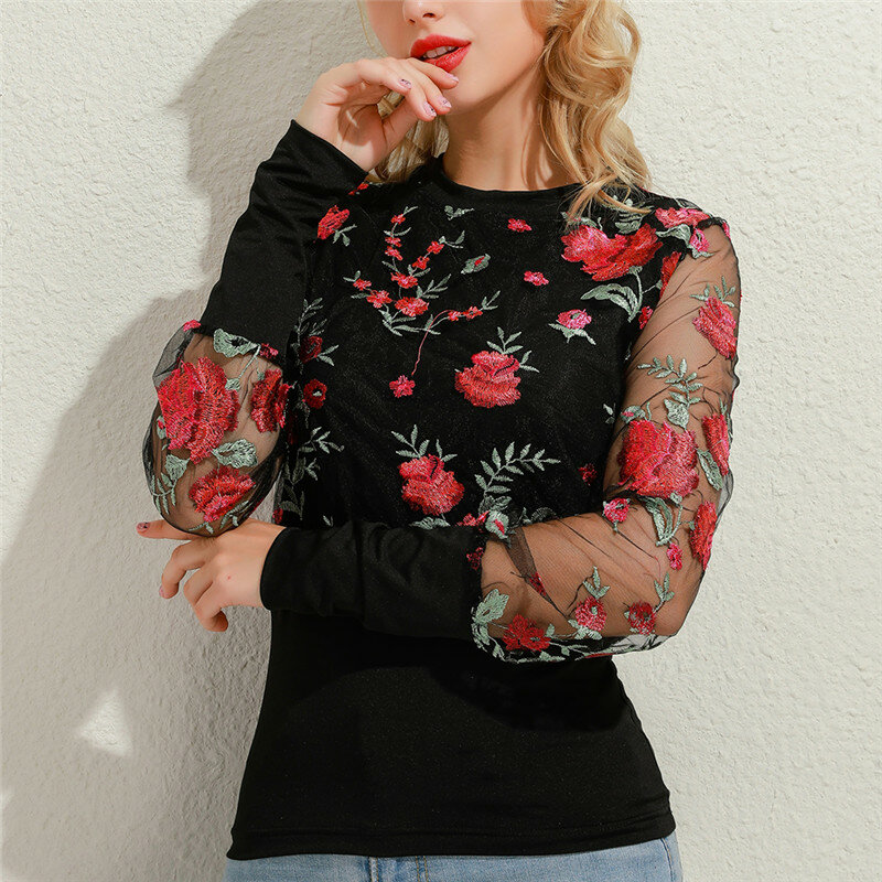 Blusa de manga de malla transparente con bordado Floral para mujer, jerséis elegantes y sexys de retales, Tops transparentes, primavera 2020