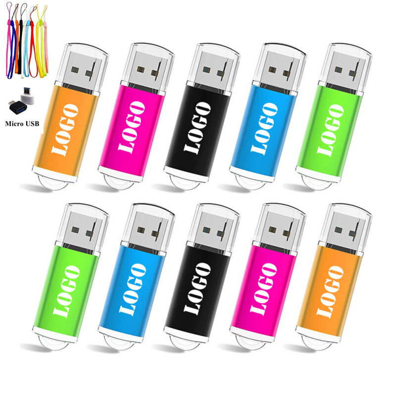 10 Cái/lốc Kim Loại Đèn LED Cổng USB Bút 4GB 8GB 16GB Pendrive 32GB 64GB dính 128GB USB Miễn Phí Tùy Chỉnh LOGO