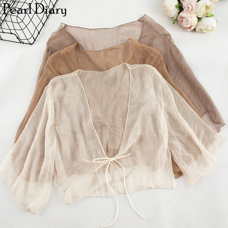 Perle Tagebuch Chiffon Vorne Krawatte Top Frauen Sheer Chiffon Flare Hülse Strand Cover Up Top Sonne Schutz Kleidung Chiffon Bluse