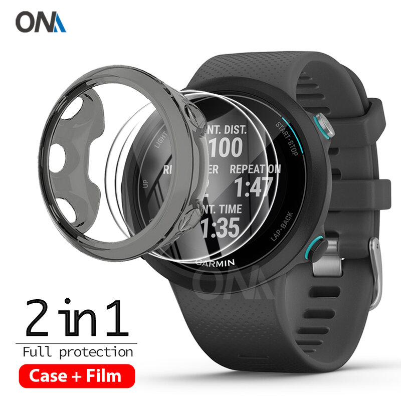 2 + 1 Pelindung Case + Screen Protector untuk Garmin Berenang 2 Smart Watch Lembut TPU Pelindung Cover Shell Kaca Tempered film