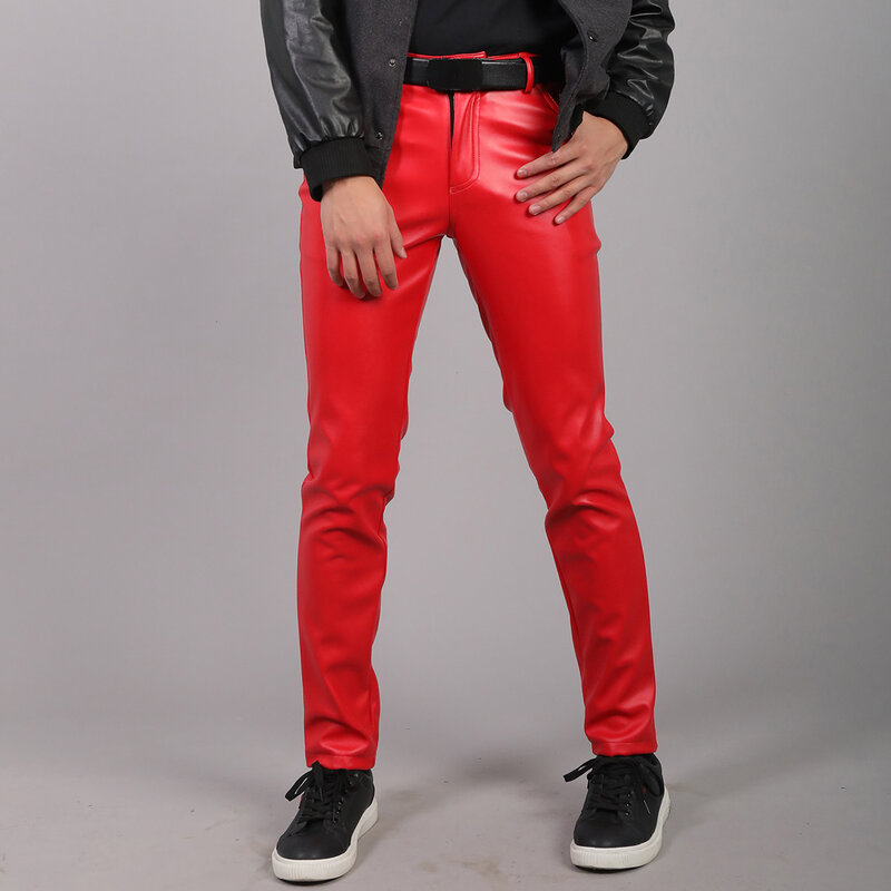 Marka Thoshine wiosna jesień mężczyźni spodnie skórzane Slim Fit elastyczny styl mężczyzna moda spodnie ze sztucznej skóry Punk Cosplay spodnie do tańca