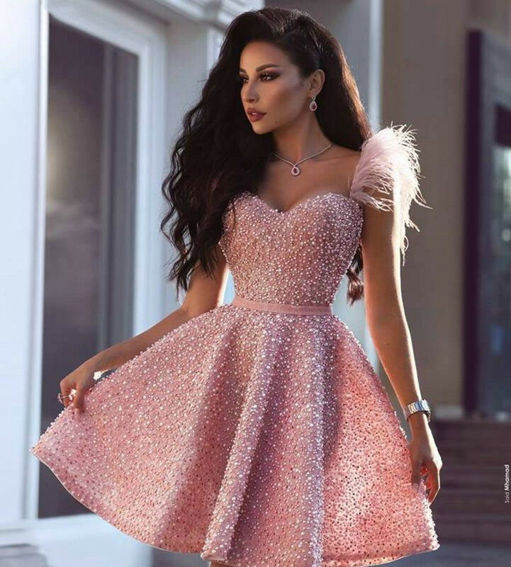 Różowe luksusowe sukienki koktajlowe 2023 krótkie sukienka na studniówkę kryształowe cekiny pióra suknie na powrót kobiety nowa elegancka suknia dyplomowa