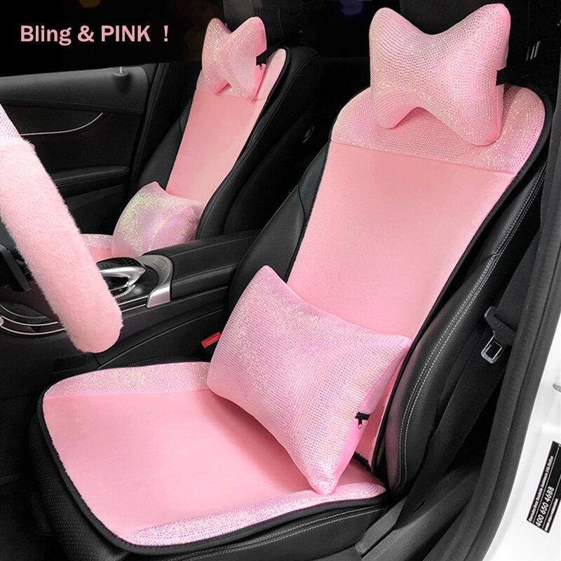 Coprisedili rosa per auto Set completo Girly donna universale con accessori  strass Bling cuscino di lusso caldo invernale anteriore posteriore /  Accessori per interni