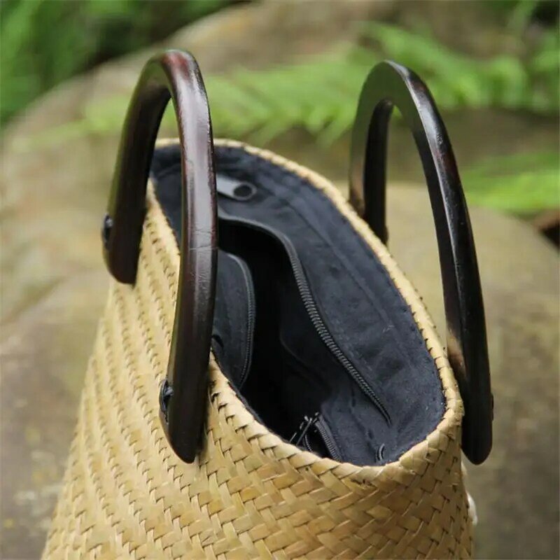 26x20 см оригинальная тайская соломенная сумка из ротанга, Женская Ретро сумка для отпуска с деревянной ручкой, сумка-ведро a6115