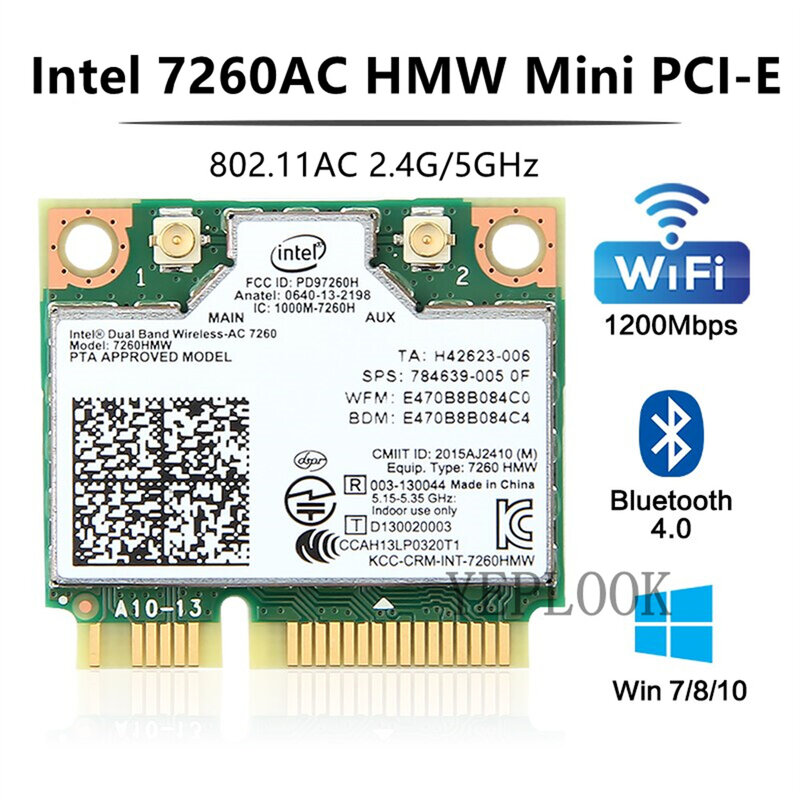بطاقة Intel WiFi 7260AC Wireless-AC 7260 7260HMW ثنائي النطاق 2.4G & 5Ghz 300M+867Mbps 802.11ac/a/b/g BT4.0 شبكة PCI-E نصف صغيرة