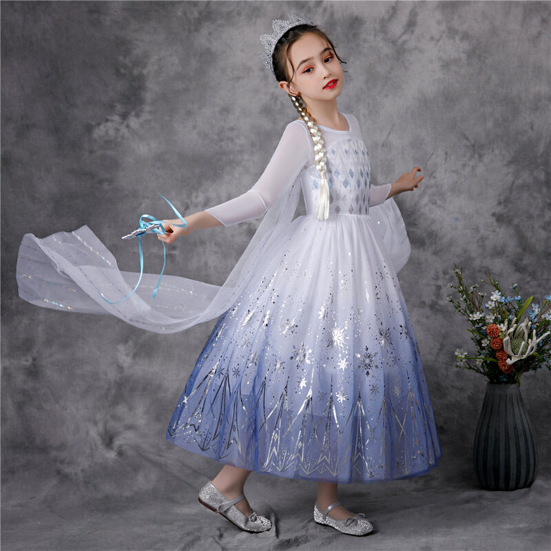 2021 lato Fancy Girl królowa śniegu Elsa 2 sukienka dzieci Shining Snowflake księżniczka suknia wieczorowa dziewczyny wakacje długa sukienka z przylądek