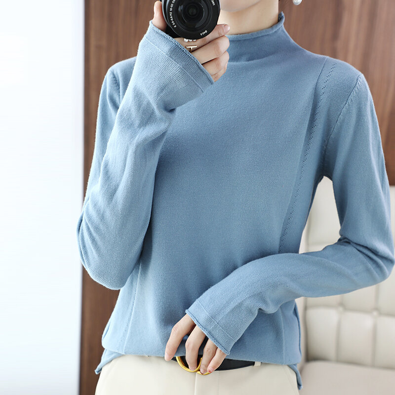 Chaqueta Simple y versátil para mujer, suéter de cuello medio alto, manga larga, tejido de punto, Color sólido, otoño e invierno, 2021