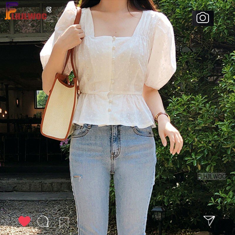 Flhjlwoc 빈티지 자수 블라우스, 귀여운 시크 상의, 한국 일본 스타일 디자인, 슬림 웨이스트, 화이트 버튼 셔츠, 여름