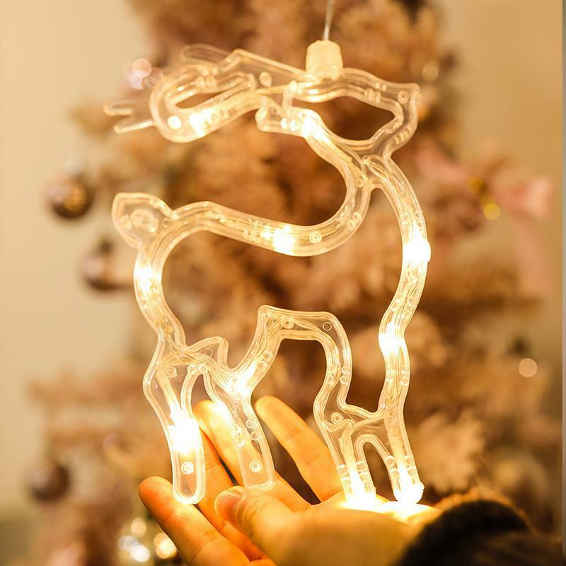 LED Christmas Lights Battery Power Christmas Tree Snowman Elk Chandelier Indoor Outdoor Glass Window Suction Cup Light