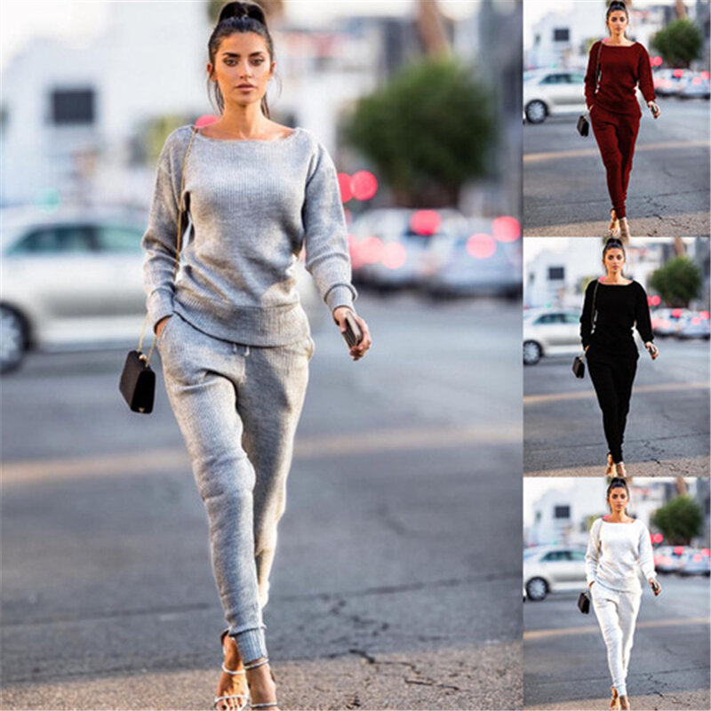 American European Style Solid Color O-Neck Long Sleeve Knit High Quality Two Pieces Sets Teens Female Casual Slim Sport Twinset