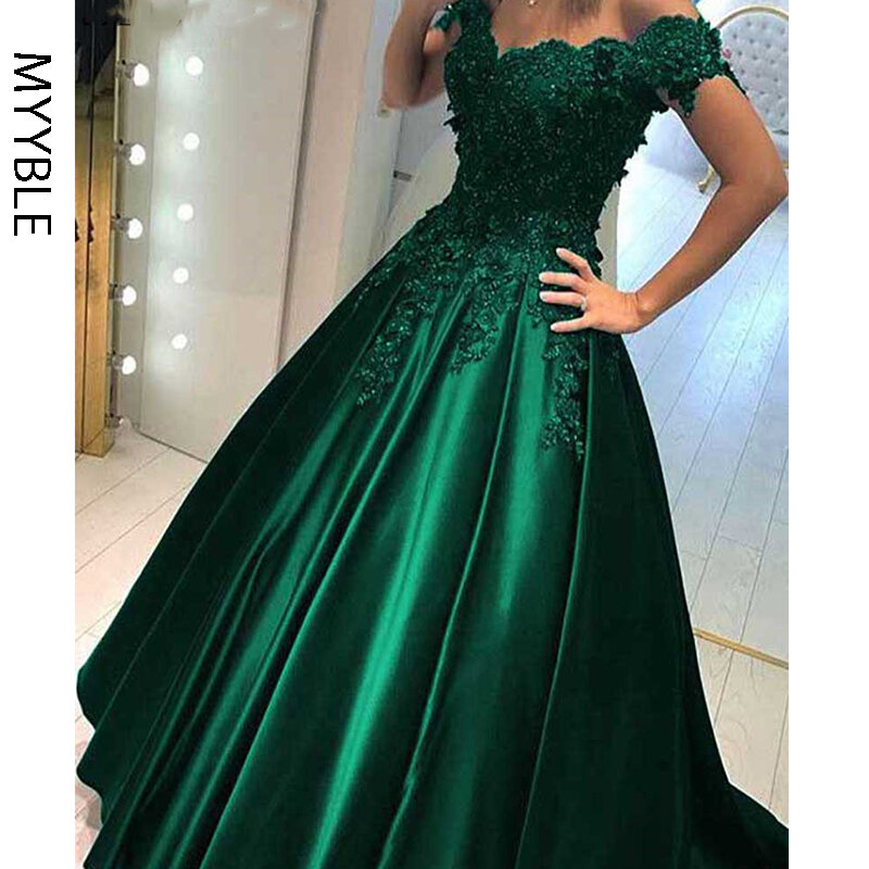 Myyble longo até o chão vestido formal robe de soiree elegante verde cetim vestidos de noite vestido de baile rendas querida vestidos de noite