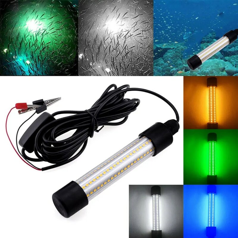 LEDフィッシングライト,水中魚群探知機,屋外照明,温かみのある白,緑,青のライト,DC 12v,1200ルーメン,ナイトボート