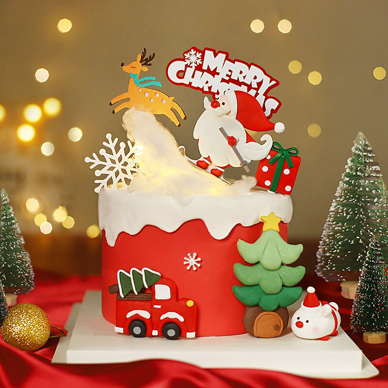 Santa Clausของขวัญกล่องรถไฟต้นไม้Merry Christmasเค้กToppers Happy New Yearตกแต่งPartyอุปกรณ์