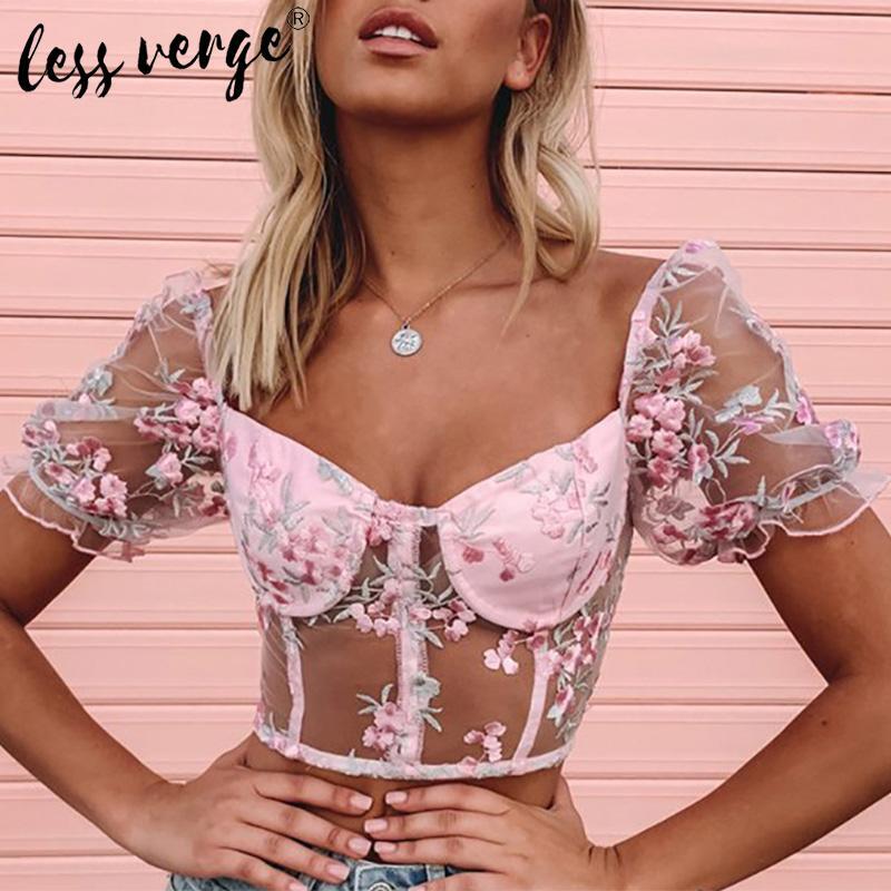 Puff sleeve mesh sheer pink blouse shirt women Embroidery floral short blouse Strapless bustier corset tunic sexy crop top