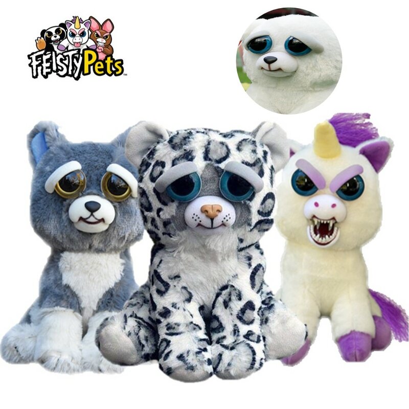 Feisty Pets funny face changing soft toys for children snow leopard stuffed plush unicorn angry animal dog doll  bear panda