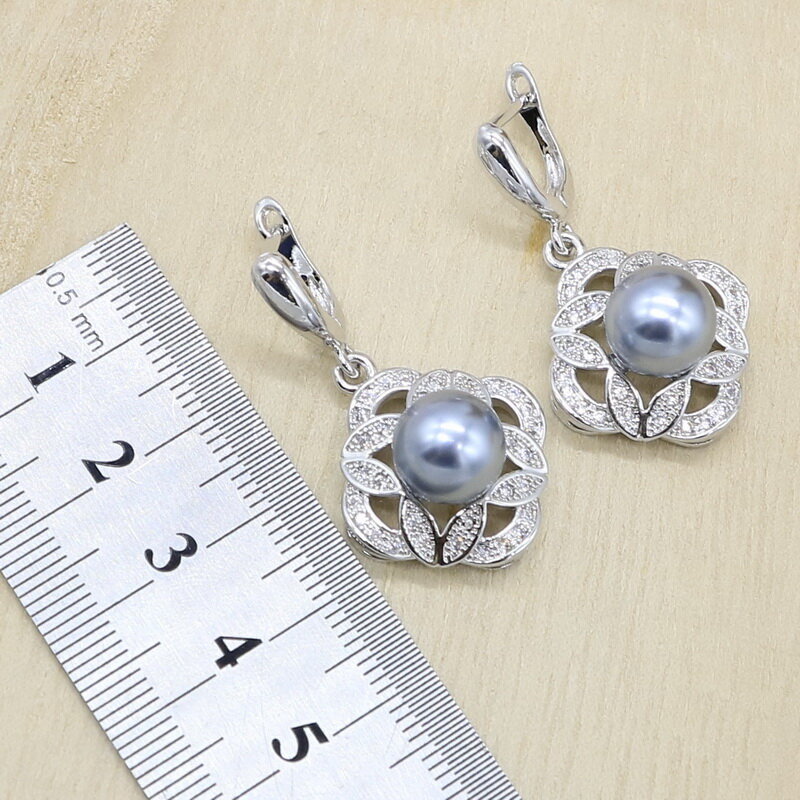 Gray Pearl Silver Color Wedding Jewelry Set for Women Earring Necklace Pendant Ring Birthday Gift