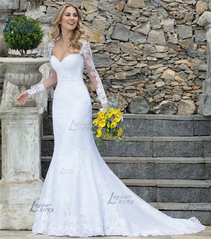 Кружевное свадебное платье-Русалка с длинным рукавом и жемчужной аппликацией Свадебное платье с длинными рукавами жемчуга с красивыми платьями для невесты