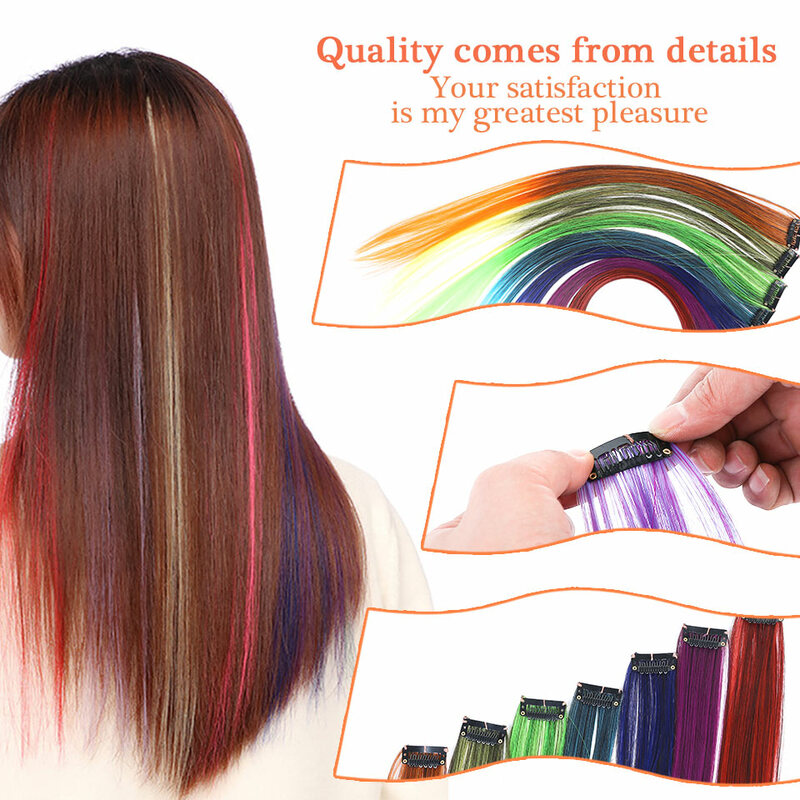 AOSI-Extensions de Cheveux Synthétiques Longs Lisses à Reflets Colorés, Mèches Roses Arc-en-Ciel, réinitialisation en Une Seule Pièce, pour Femme et Fille