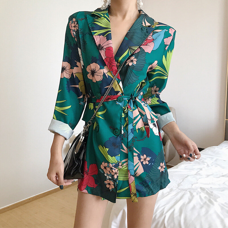 Vintage Printed Blazer Elegant Women Mid-Length Single Breasted Suit Summer Indie 2023 Fashion Casual Office Blazer Green White