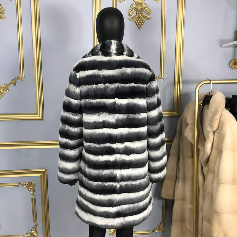 Winter Parka Jacket Real Rex Rabbit Fur Coat Fashion Warm Thicken Outwear High Quality Chinchilla Color