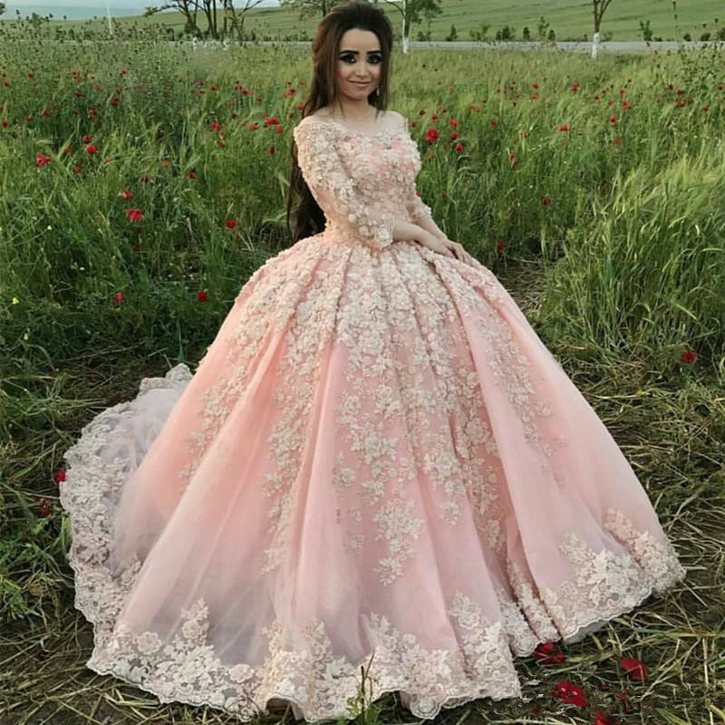 VINTAGE Pink Ball ชุด Quinceanera ชุด 2020 Luxury Lace Appliqued หวาน 16 ชุด Vestidos 15 anos แขนพรหมชุด