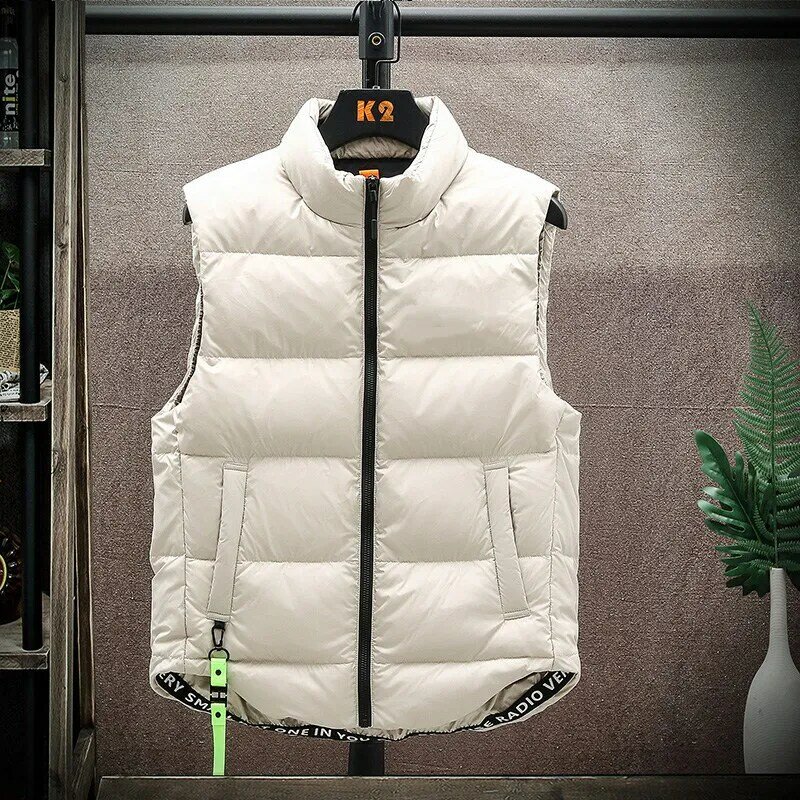 Pato branco masculino para baixo do colete acolchoado inchado, jaqueta grossa à prova de vento, colete quente de inverno, roupas masculinas elegantes, outwear