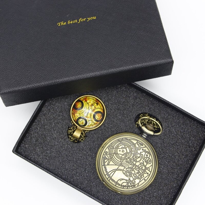 Conjuntos de relógio de bolso com pingente e colar, modelo retrô de bronze, para homens e mulheres