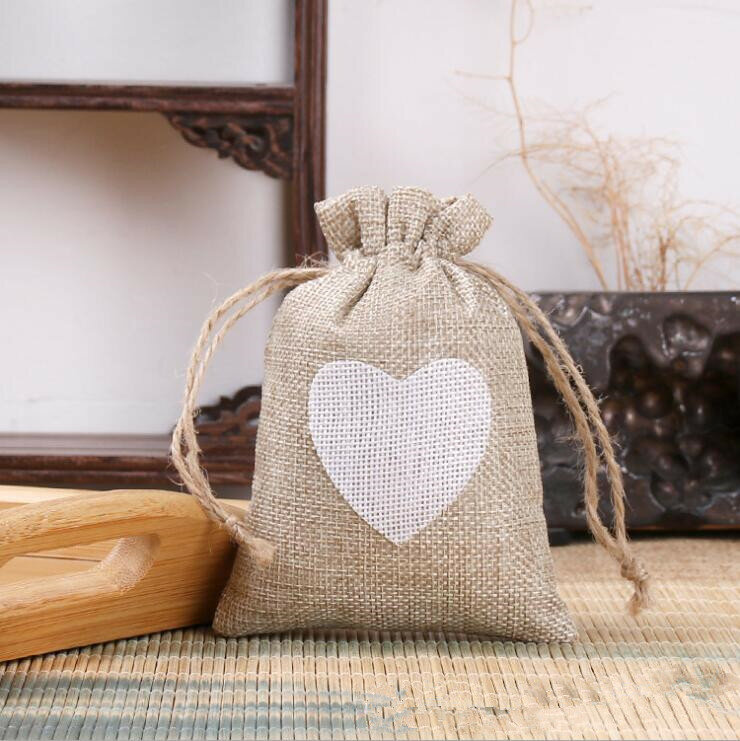 5 pezzi di borse di tela con coulisse alla moda con coulisse in cotone stampato a cuore piccolo sacco-puro ogni dieci sacchetti regalo di natale 9.6*13.4cm