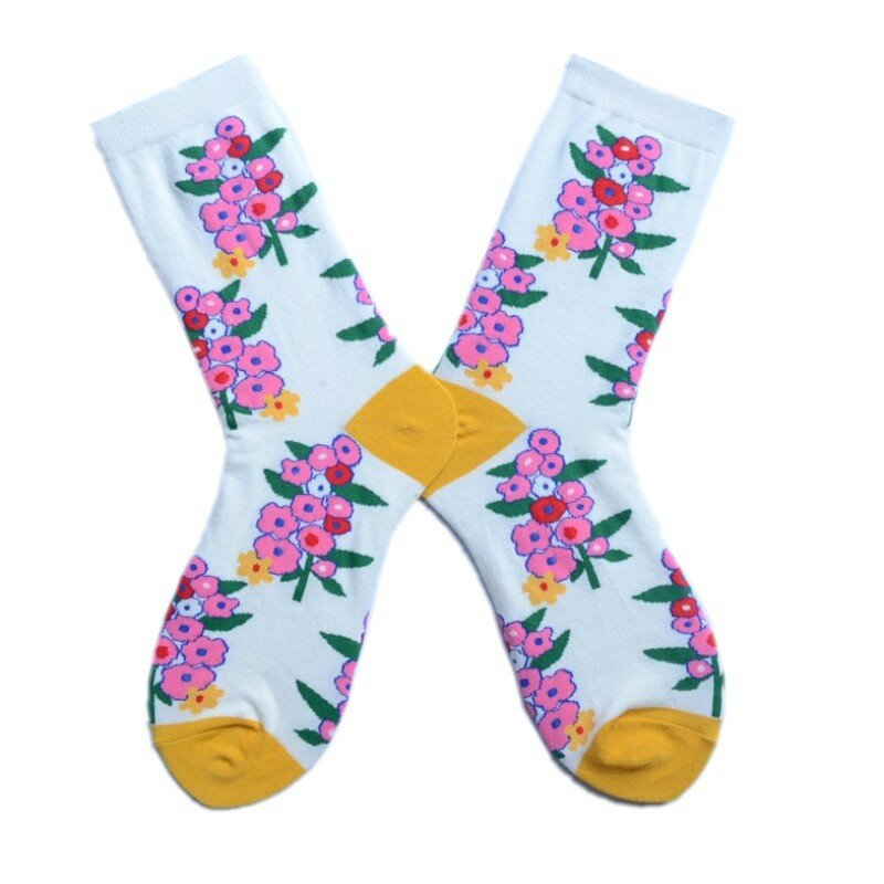 Calcetines de algodón peinado con flores de arte Retro para mujer, medias elegantes creativas de Bougainvillea, calcetines de deporte de calle Harajuku japonés de calidad