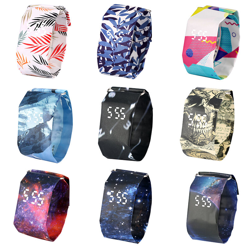 Montre-bracelet en papier motif carrés colorés, Durable, DuPont, montre-bracelet, affichage numérique, cadeau pour femme, petite amie