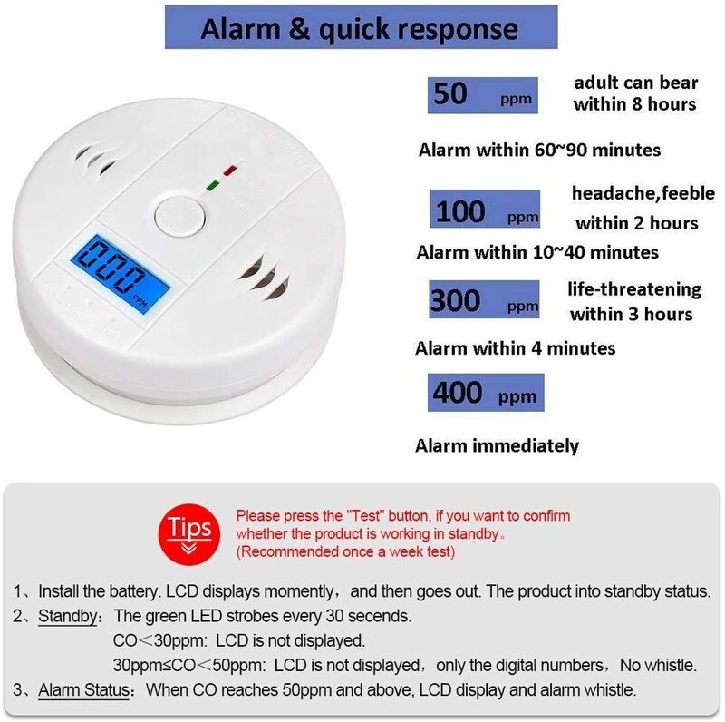 4 sztuk tlenek węgla detektor alarmu czujnik gazu CO detektor z cyfrowy Alarm z wyświetlaczem zegar ostrzeżenie dla domu