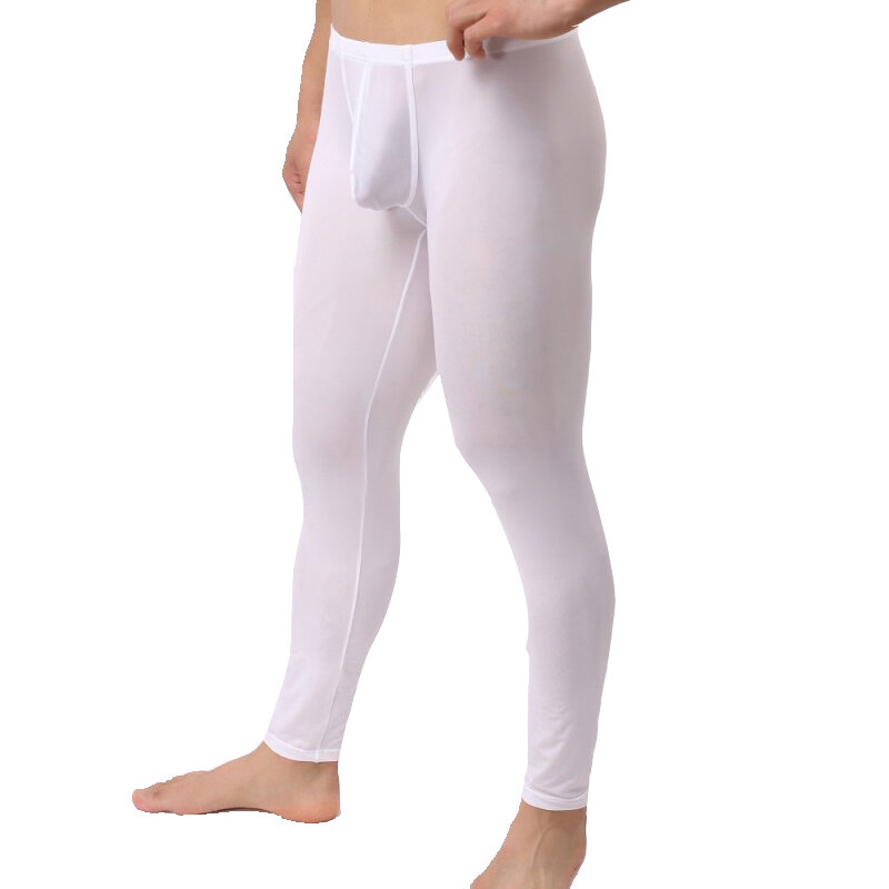 Men's Sexy Long Johns Ice Silk Ultra-thin Transparent Penis Pouch Leggings Underwear Men Home Sheer Lounge Pants Gay Sleepwear