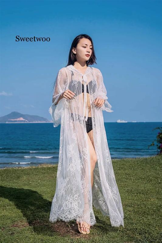 SWEETWOO Summer lace beach cover-up swimwear see through long cardigan hooded flare sleeve kimono sexy hot bikini outer cover