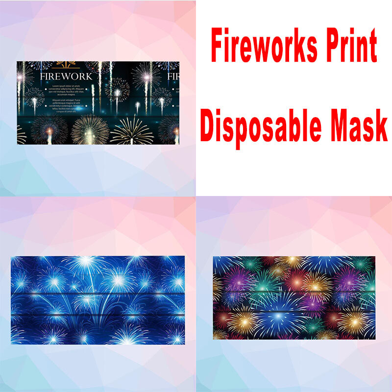 Máscara facial fogos de artifício, 3 camadas de proteção, descartável, adulto e infantil, colorido, com impressão de boca, 10/100 peças