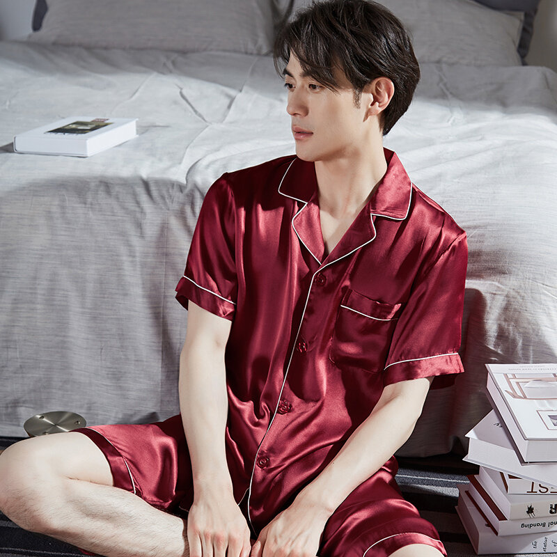 100% Real Silk Pajama for Men Short Sleepwear Pyjama Summer Pijamas Hombre Home Clothes Male PJs Hangzhou Pure Silk Pyjama Homme