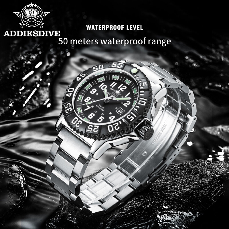 Addies Dive Men sportowy zegarek terenowy jednokierunkowy obrotowy Bezel wojskowy zegarek świetlny koperta ze stopu Miyota 2115 zegarki kwarcowe