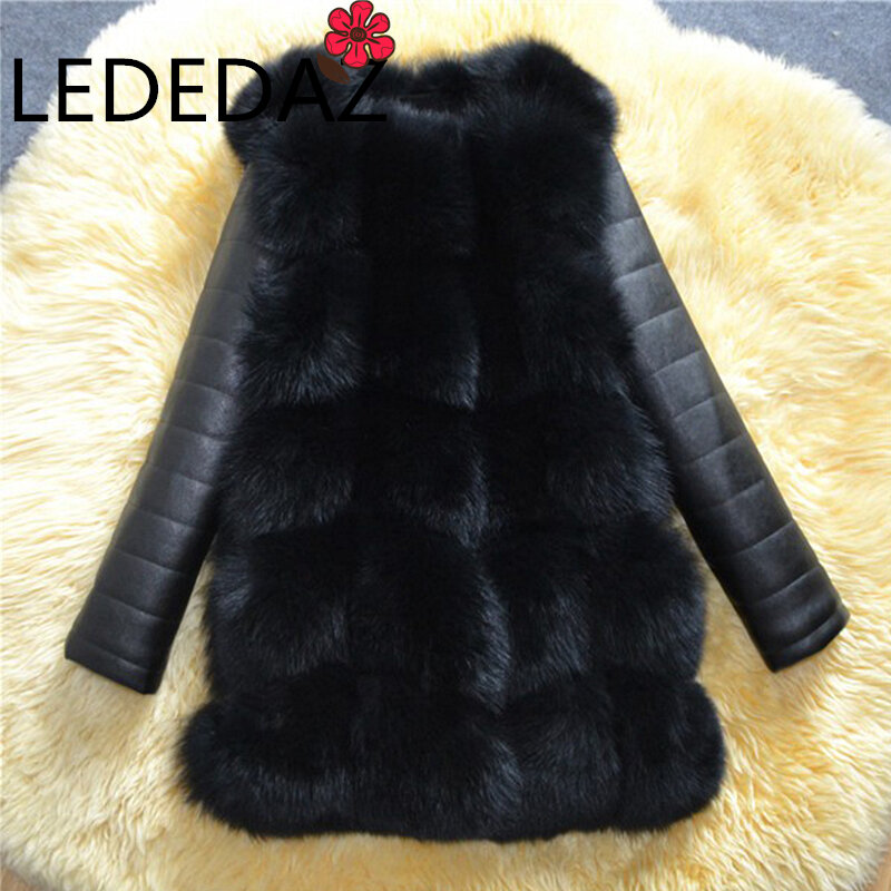 LEDEDAZ 2020 Autumn Winter Fashion Fluffy Faux Fur Coat  Long Sleeves Warm PU Fur Coat Detachable Fake Fox Fur Jacket Plus Size