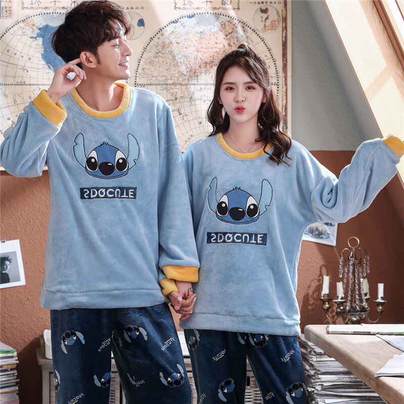 Couples Thick Warm Flannel Long Sleeve Pajama Sets for Women 2019 Winter Cute Cartoon Panda Coral Velvet Sleepwear Men Homewear