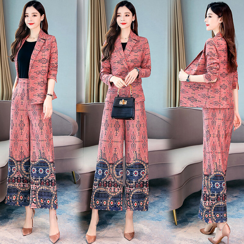 Women's Office Lady Two Piece  Business Elegant  Blazer Top and Pant Suits Leaf Print 2 Piece Outfits