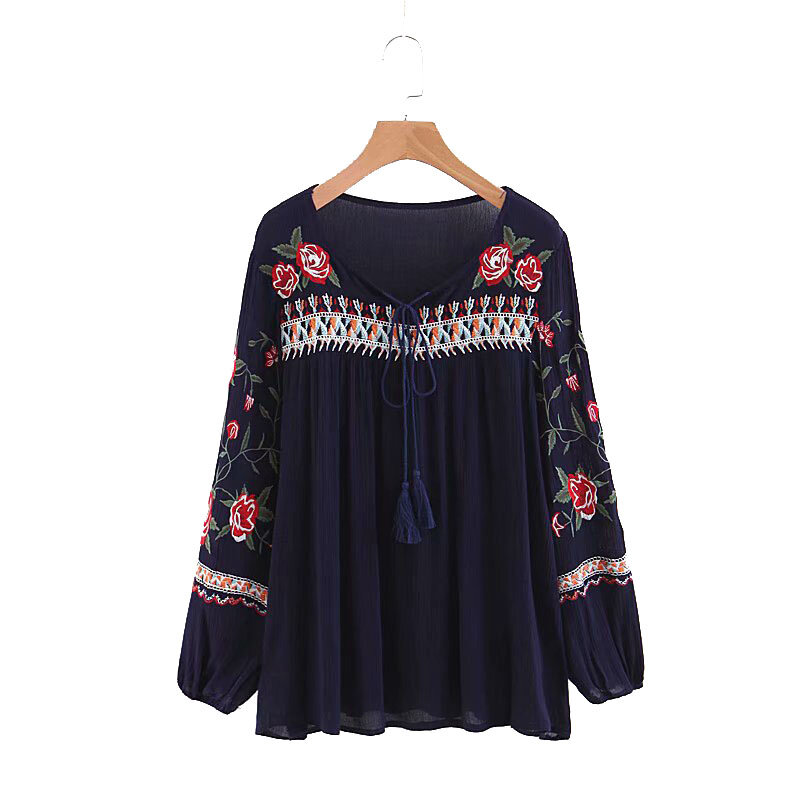 Nowa wiosna jesień moda etniczna V Neck wiskoza kwiatowy haftowana bluzka kobiety z długim rękawem swetry koszule bluzki topy