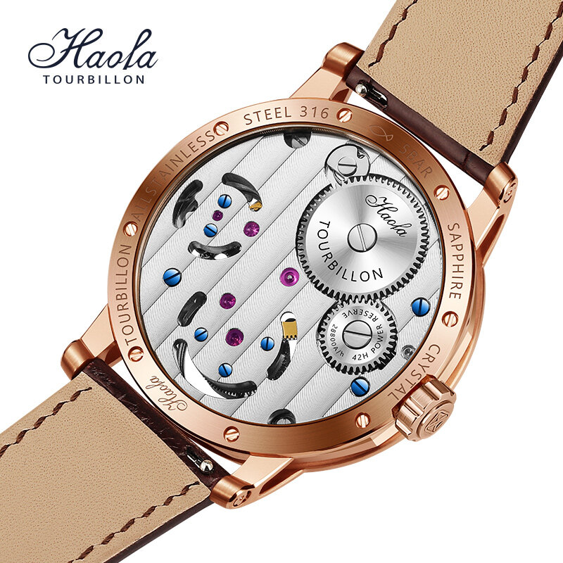 Haofa Luxe Dubbele Tourbillon Mechanische Horloge Voor Mannen Sapphire Handleiding Vliegende Tourbillon Horloges Skelet Beweging Horloge