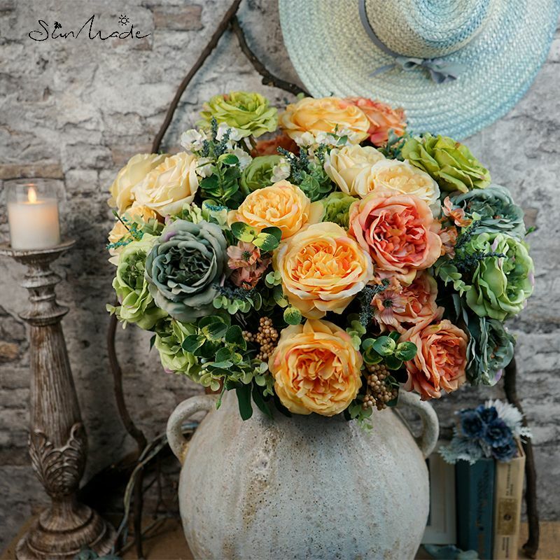 SunMade 12หัวหรูหราขนาดใหญ่ Rose Bouquet ดอกไม้ผ้าไหมตกแต่งบ้านงานแต่งงานตารางตกแต่ง Flores Artificiales ตกแต่งฤดูใ...