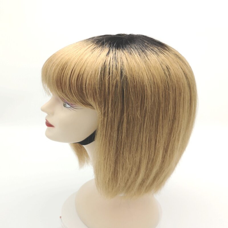 Ombre włosy ludzkie w kolorze blond peruka z grzywką truskawka blond pałąk peruki naturalny czarny korzeń 1B/27 dwie stonowane peruki dla ładna, damska